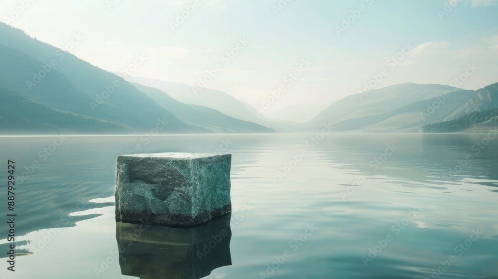 Poster A stone pedestal floating on the surface of a lake, showcasing cosmetics against a backdrop of mountains and a clear sky. 