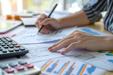 A close-up view of a pen placed on paper charts and graphs, ideal for an analytics background.