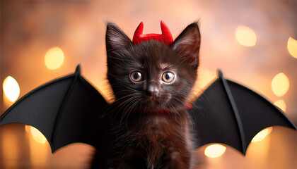 Cute black kitten in Halloween costume. Kitty in Halloween Costume. Boo-tiful Whiskers: Halloween-Clad Kitten.	