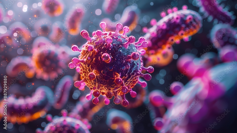 Poster a close-up image showcasing the intricate details of a virus using advanced imaging techniques.