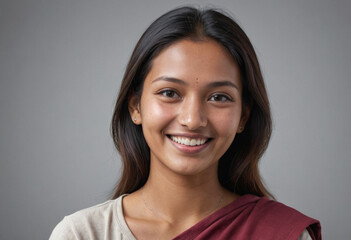 Fototapeta premium Portrait view of a regular happy smiling Nepal woman, ultra realistic, candid, social media, avatar image, plain solid background