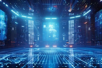 Fototapeta premium An empty stage in a futuristic virtual reality arena, with a grid-like floor, holographic projections, and a digital landscape changing in the background.