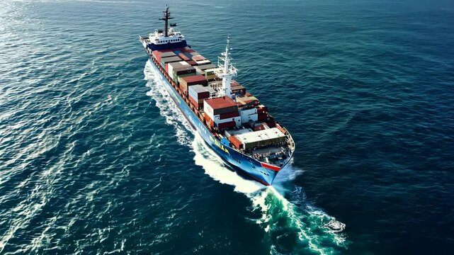 Aerial view of cargo container ship sailing in open sea