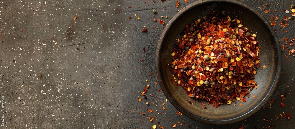 Canvas Prints Close up of a bowl with Georgian adjika seasoning including red pepper and garlic on a concrete table with copy space image