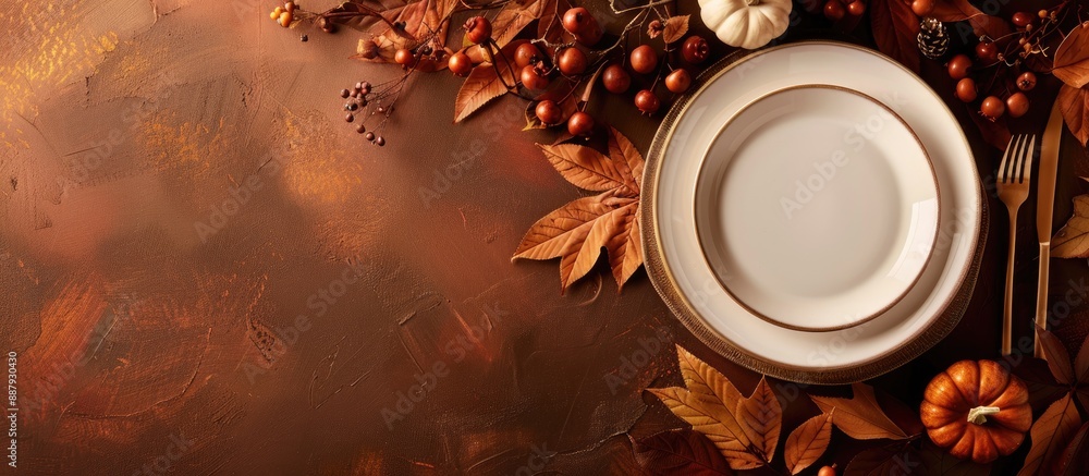 Poster thanksgiving day table setting on brown background with copy space image