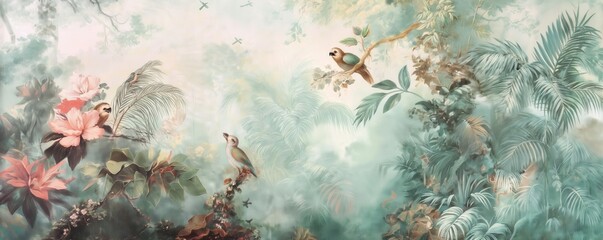 Vintage wallpaper of jungle scene with sloths and songbirds, pastel color, oil painting style. 
