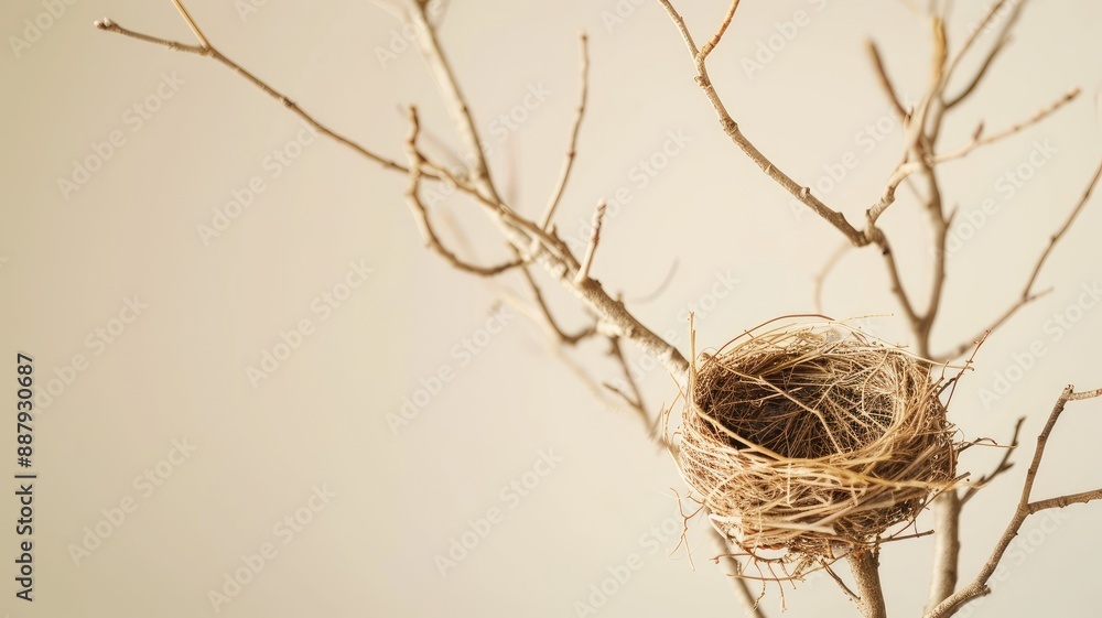 Poster empty bird's nest on bare tree branch
