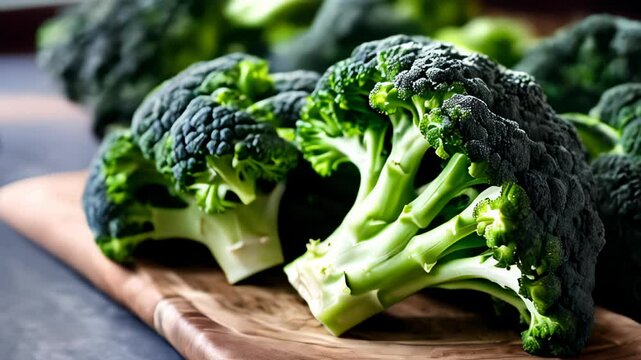 Freshly cut broccoli florets on a wooden cutting board