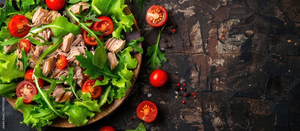 Poster healthy eating option a salad with tuna tomatoes and green leaf lettuce arranged as an appetizing me