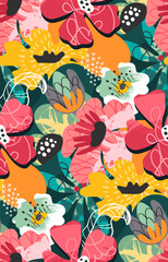 Vector seamless pattern with bright flowers and leaves. Endless floral background.