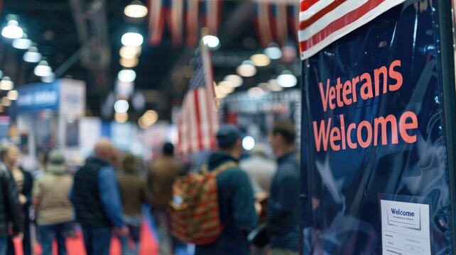 Event welcoming veterans with flags in busy indoor setting