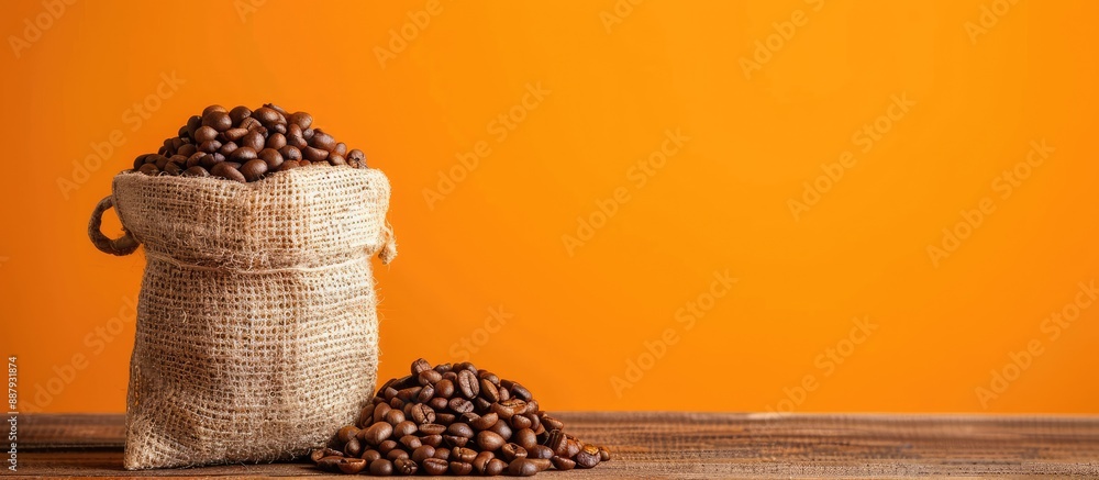 Poster a small bag of coffee beans sits on a wooden table against an orange background creating a blank are