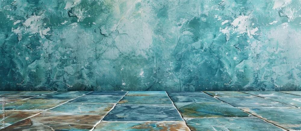 Poster a vintage stone floor with a polished texture resembling marble set against a blue cement backdrop p