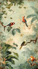 Vintage wallpaper of lush jungle in pastel colors, depicting parrots and pandas in the background, oil painting. 