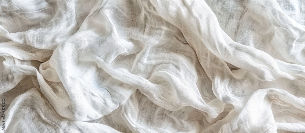 Poster top view of a white crumpled linen fabric texture background resembling natural organic eco textiles
