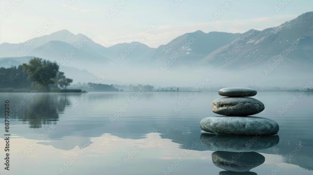 Poster a stone pedestal with cosmetics, set on the surface of a glassy lake, with distant mountains and mor