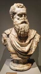 Obraz premium Abstract Antique Marble Sculpture of a Bearded Man in Museum Exhibition Setting, Highlighting Aesthetic Art and Life Themes, Perfect for Articles, Marketing Campaigns, and Advertising Backgrounds, AI