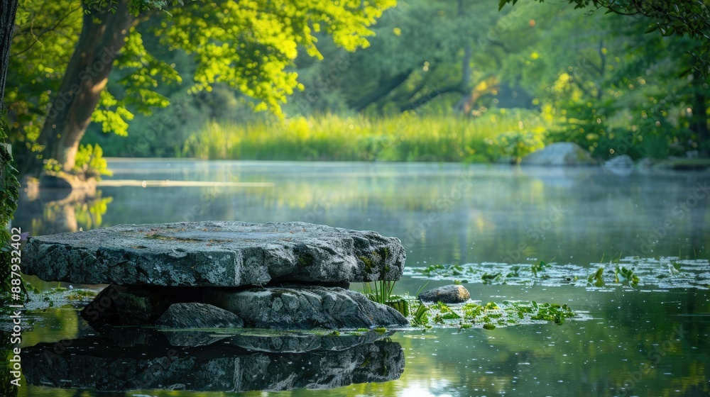 Poster a stone pedestal display in the middle of a calm lake, surrounded by lush greenery and reflecting th