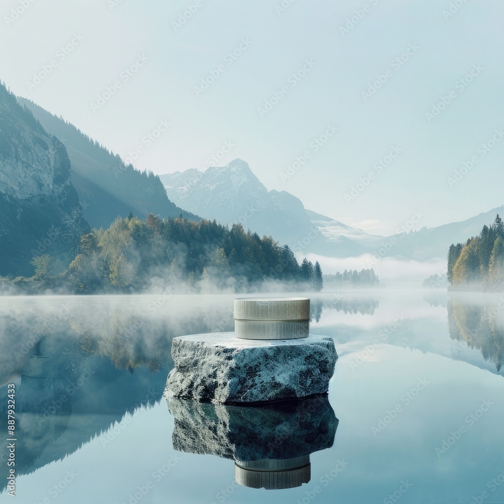 Poster a stone pedestal with cosmetics, set on the surface of a glassy lake, with distant mountains and mor