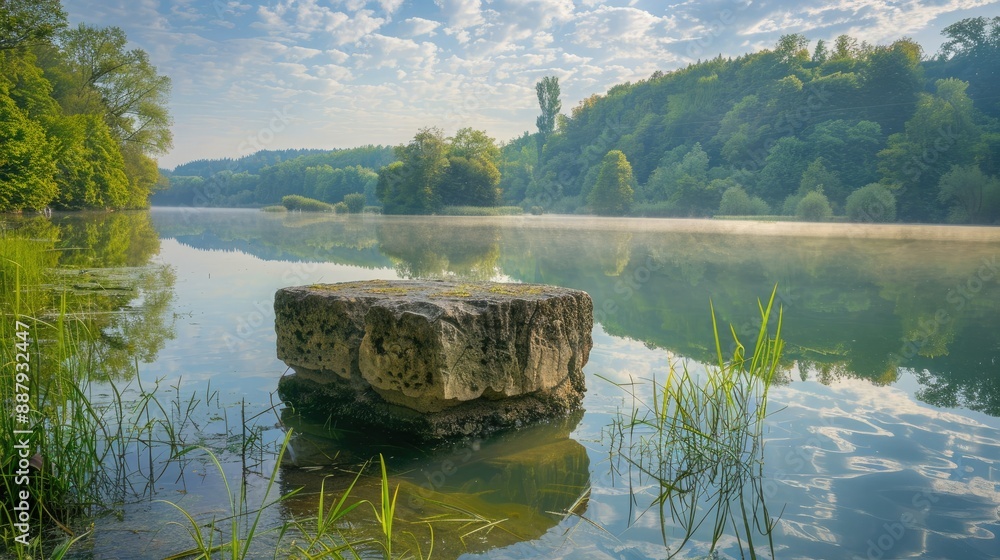 Poster a stone pedestal display in the middle of a calm lake, surrounded by lush greenery and reflecting th