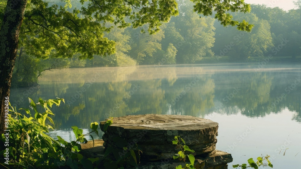 Poster a stone pedestal display in the middle of a calm lake, surrounded by lush greenery and reflecting th