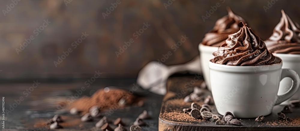 Poster Spongy chocolate desserts like mug cakes and cupcakes with empty space for text in focus. Copy space image. Place for adding text and design