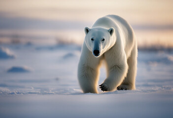 A polar bear roaming on the icy tundra, twilight
