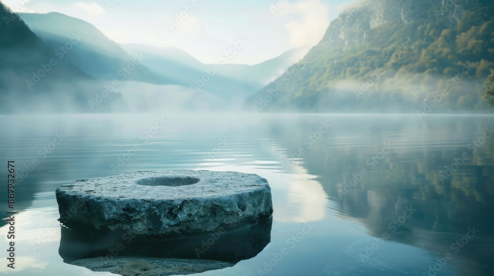 Poster a stone pedestal emerging from a serene lake, set against a backdrop of distant mountains and mornin