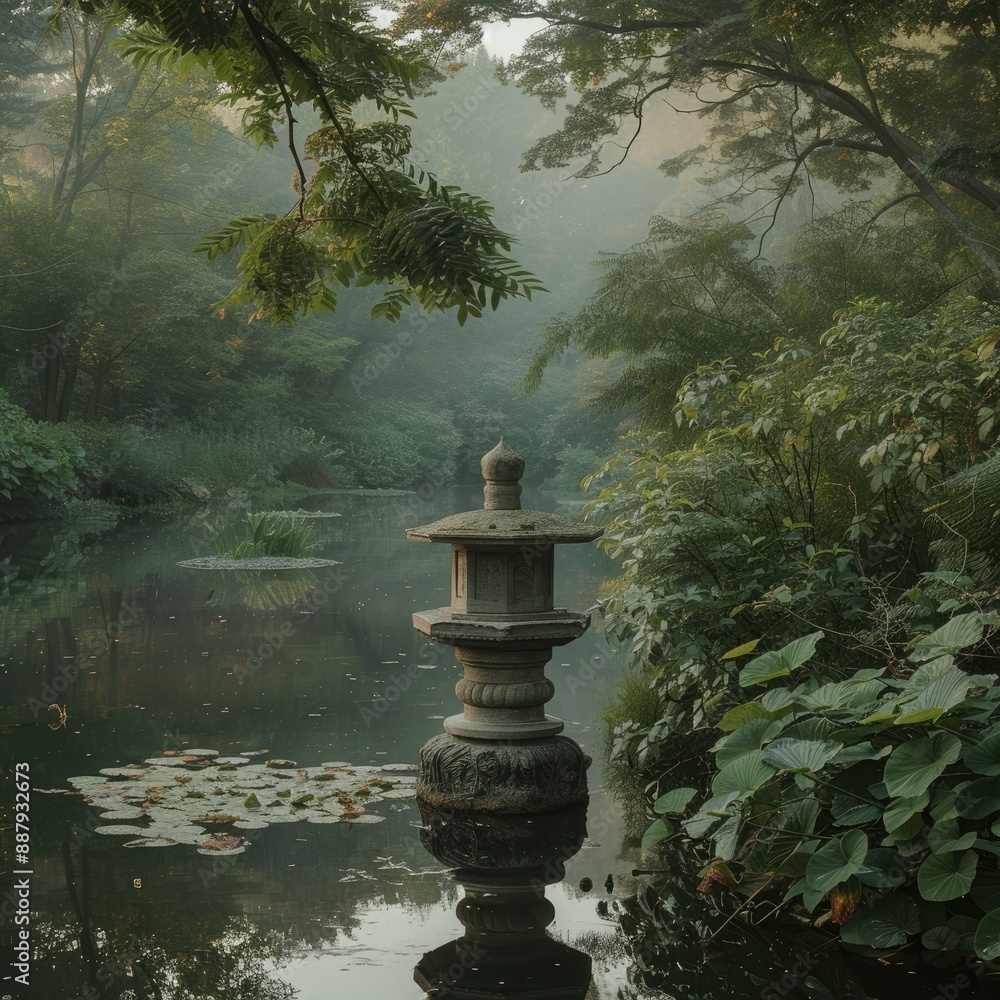 Poster A stone pedestal display in the middle of a calm lake, surrounded by lush greenery and reflecting the soft morning light.