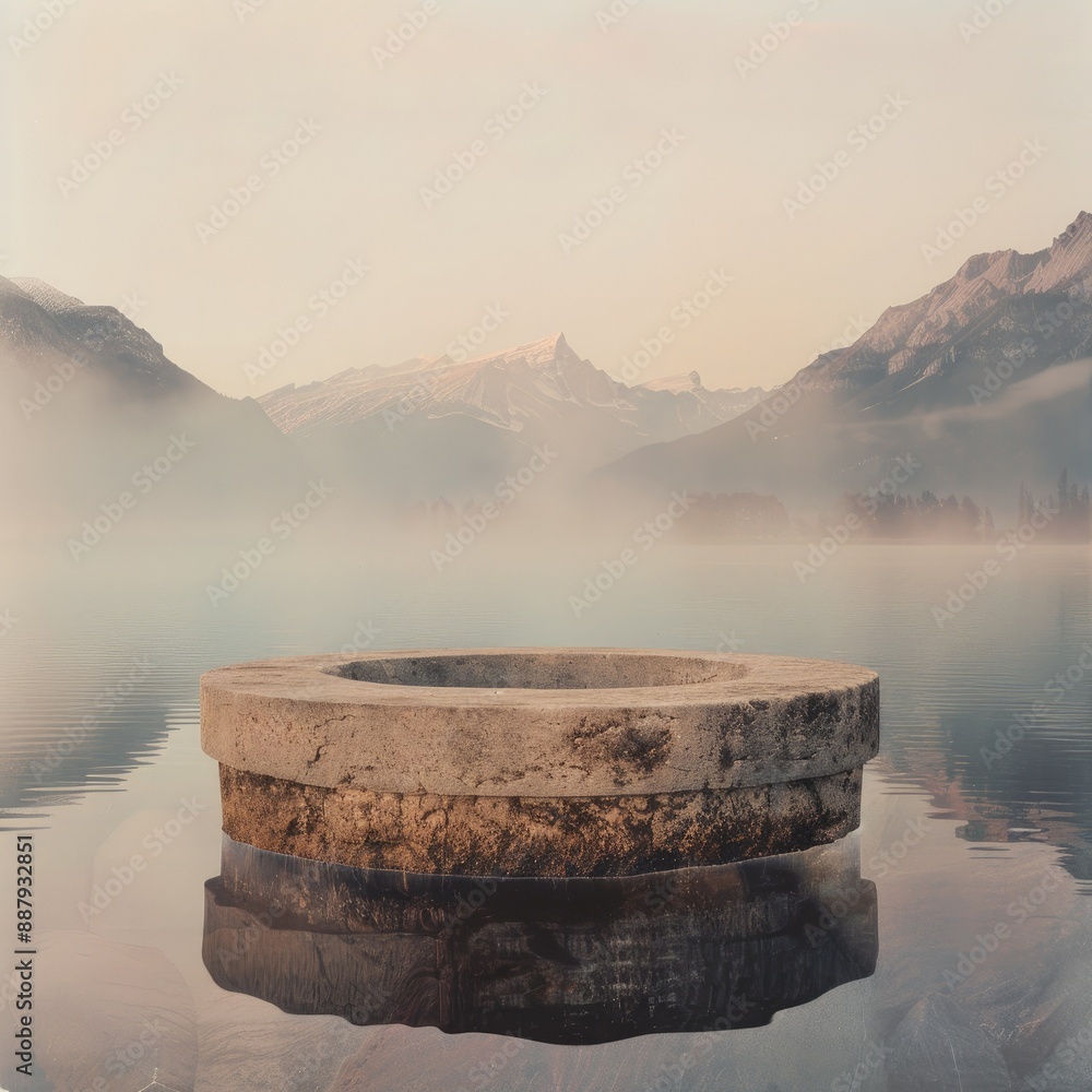 Poster a stone pedestal emerging from a serene lake, set against a backdrop of distant mountains and mornin