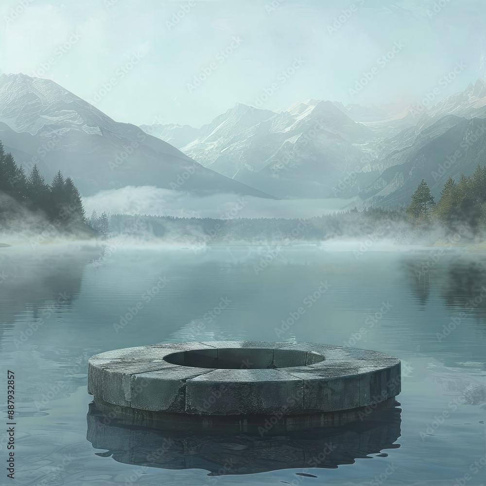 Poster a stone pedestal emerging from a serene lake, set against a backdrop of distant mountains and mornin