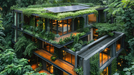 Fototapeta premium Solar panels on the roof of a stylish, eco-friendly home surrounded by greenery
