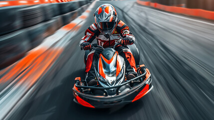 Fototapeta premium man is go-karting at high speed on a track, fully geared with a helmet and racing suit, motorsports, racing, adventure.