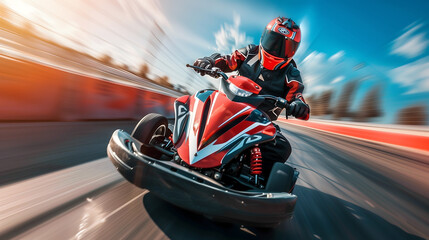 man is go-karting at high speed on a track, fully geared with a helmet and racing suit, motorsports, racing,  adventure.