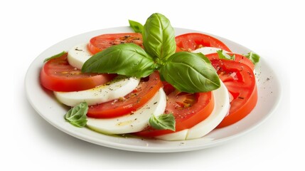 Arrange a plate of Caprese salad with fresh slices of mozzarella, tomatoes, and basil leaves. Generative AI