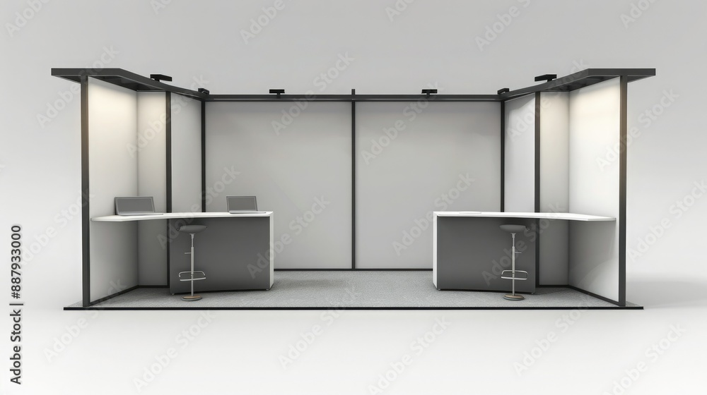 Poster A 3D render of an empty booth system with a versatile, adaptable layout. The blank background provides plenty of room for online graphics. 