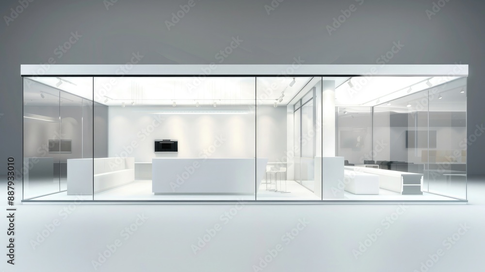 Poster A 3D render of an empty booth system with a versatile, adaptable layout. The blank background provides plenty of room for online graphics. 