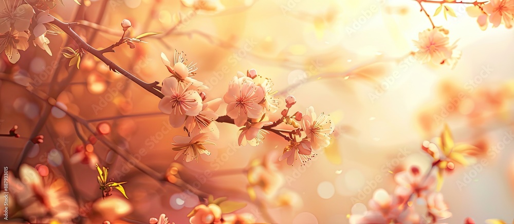 Poster branches with blooming flowers in the foreground creating a soft and blurry background with copy spa