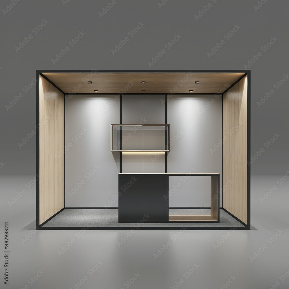 Poster A 3D render of an empty booth system with a versatile, adaptable layout. The blank background provides plenty of room for online graphics.