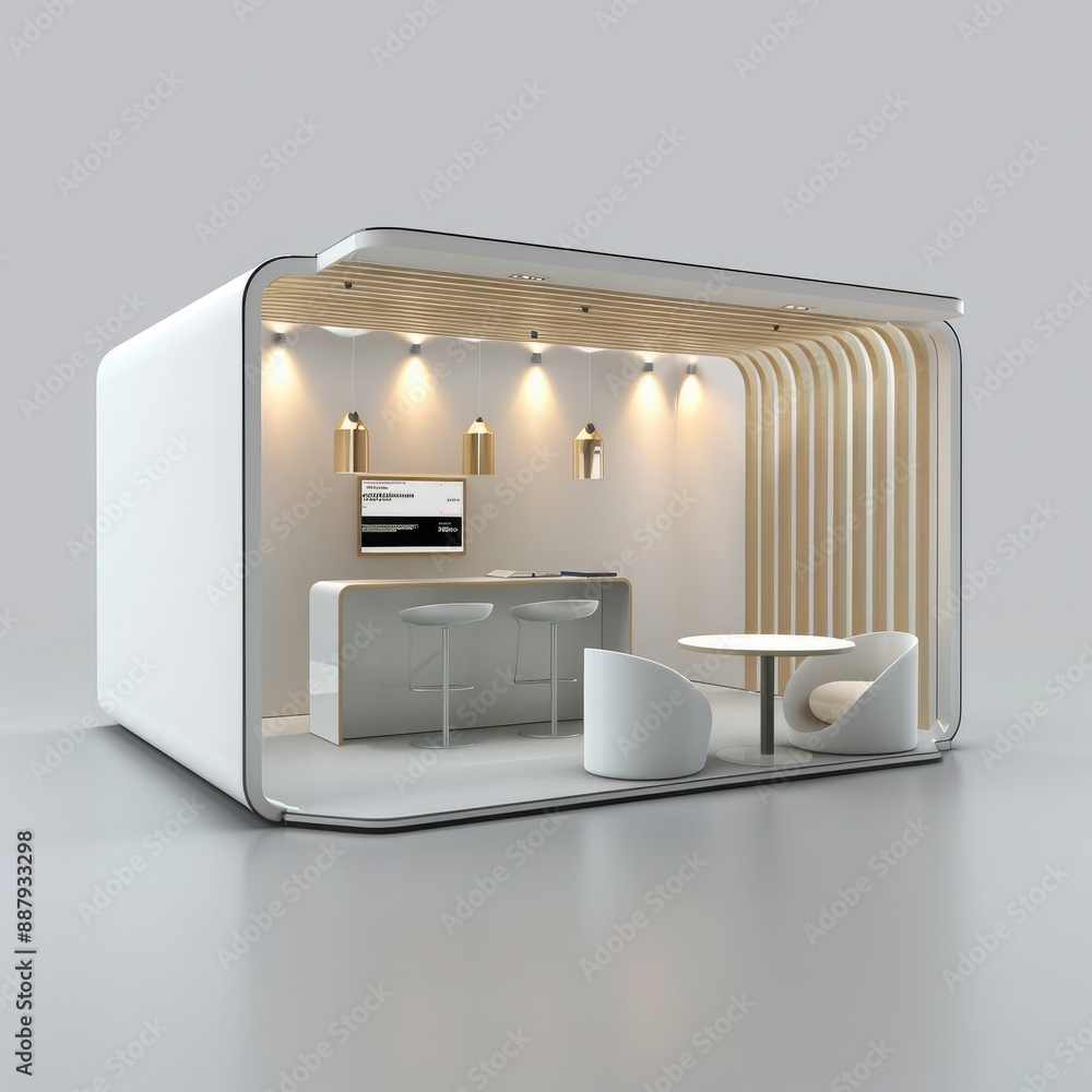 Poster A 3D render of an empty booth system with a versatile, adaptable layout. The blank background provides plenty of room for online graphics.