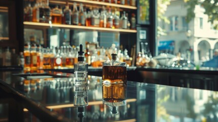 Fototapeta premium Bar interior with bottles and decanters reflected on the counter