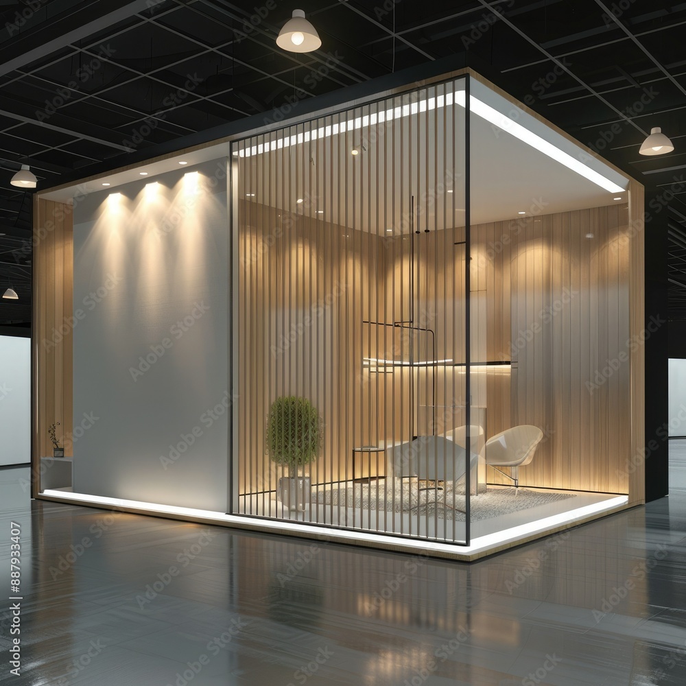 Poster a sleek, contemporary booth system in a 3d render, featuring a seamless design and ample wall space 