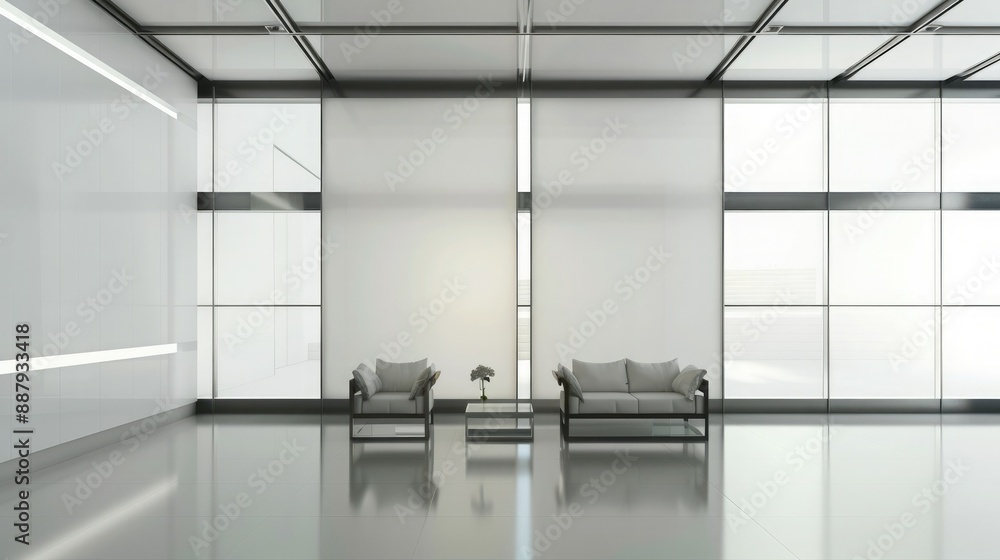 Poster a sleek, contemporary booth system in a 3d render, featuring a seamless design and ample wall space 