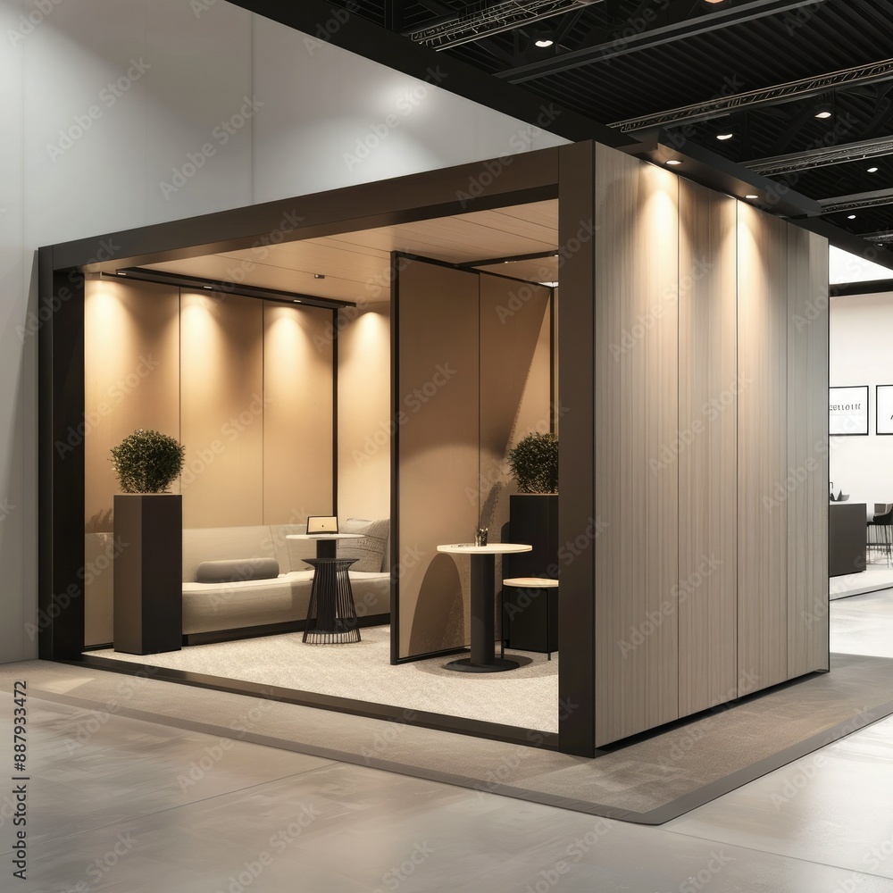 Poster a sleek, contemporary booth system in a 3d render, featuring a seamless design and ample wall space 