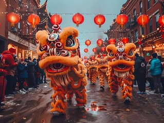 Naklejka premium Vibrant Lunar New Year parade with lion dancers, red lanterns, and people celebrating in the streets