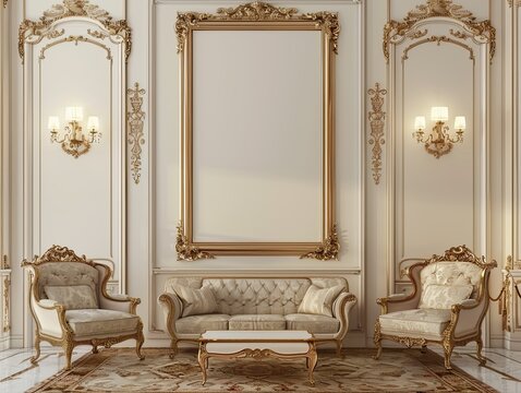 Ornate gold-framed in a classic interior with upholstered furniture