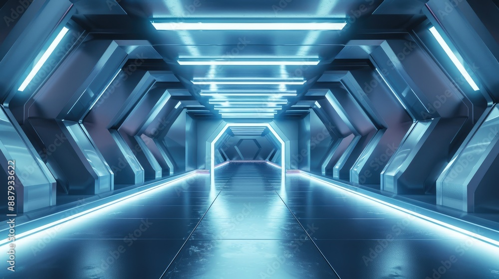 Poster A futuristic 3D booth system with sharp angles and smooth surfaces. The design creates an eye-catching backdrop for online graphic content. 