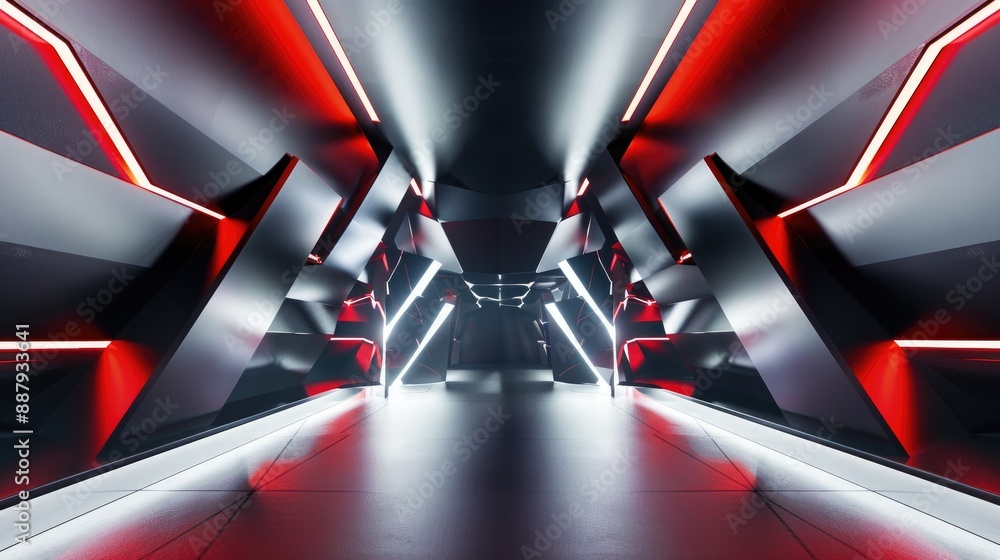 Poster A futuristic 3D booth system with sharp angles and smooth surfaces. The design creates an eye-catching backdrop for online graphic content. 