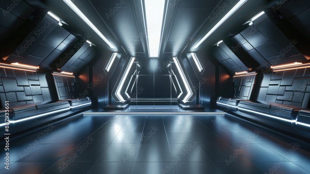 Poster A futuristic 3D booth system with sharp angles and smooth surfaces. The design creates an eye-catching backdrop for online graphic content. 