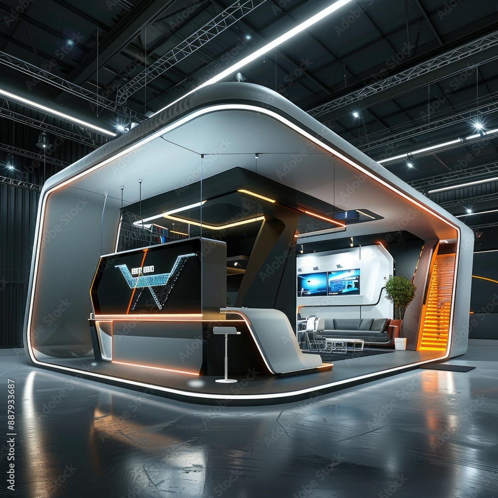 Aufkleber A futuristic 3D booth system with sharp angles and smooth surfaces. The design creates an eye-catching backdrop for online graphic content. 